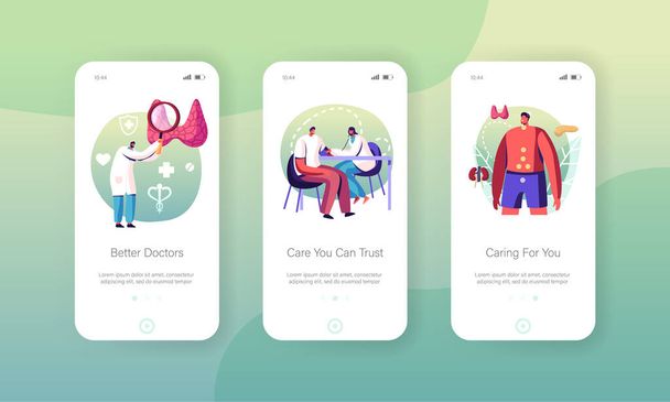 Endokrinológia, hormonbetegségek és egyensúlyzavar Mobile App Page on board Screen Template. Orvosok karakterek Beteg endokrin rendszer kezelése, Medicine Aid Concept. Rajzfilm emberek vektor illusztráció - Vektor, kép