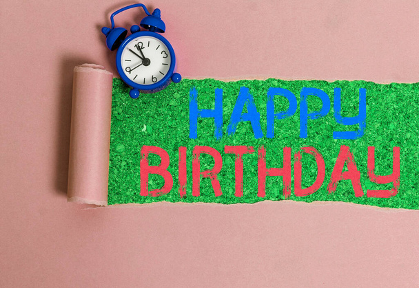Writing note showing Happy Birthday. Business photo showcasing The birth anniversary of an individual is celebrated with presents. - Photo, Image