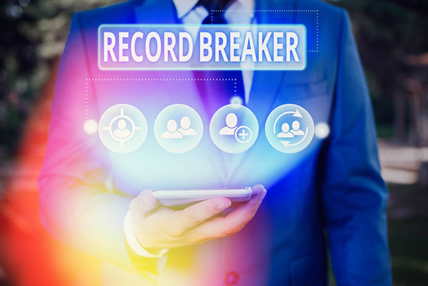 Writing note showing Record Breaker. Business photo showcasing someone or something that beats previous best result. - Photo, Image
