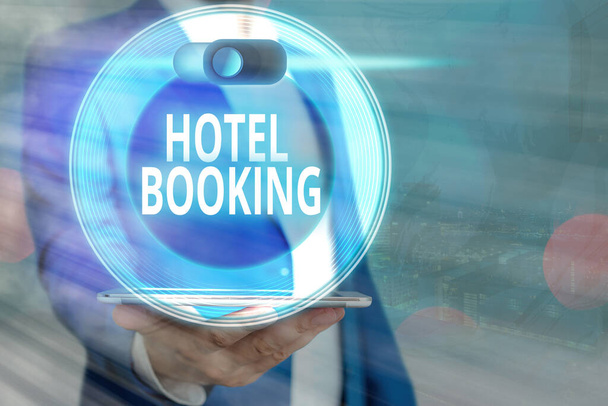 Handschrift tekst Hotelboeking. Concept betekent Online Reserveren Presidentiële Suite De Luxe Hospitality. - Foto, afbeelding