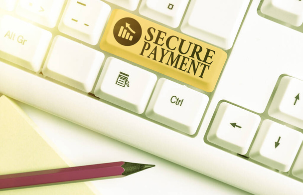 Konzeptionelle Handschrift, die Secure Payment zeigt. Geschäftsfoto, das Zahlungssicherheit zeigt, bezieht sich auf die Gewährleistung der Bezahlung auch im Streitfall. - Foto, Bild