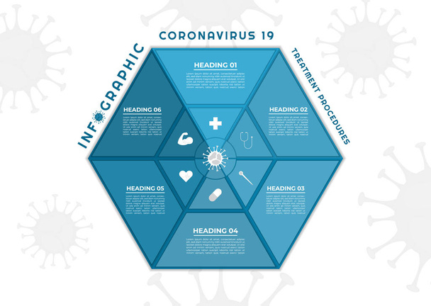 Infographic medicínský hexagon design coronavirus koncept ikony styl krok ke zdravému. vektorová ilustrace. - Vektor, obrázek