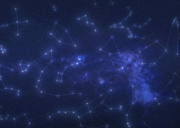 Illustration von Sternbildern im Weltraum. Sternbilder mit Linien am Nachthimmel. Elemente dieses Bildes wurden von der NASA geliefert - Foto, Bild