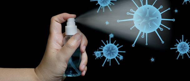 Woman spraying alcohol cleaning to protect coronavirus or virus covid 19,bacteria and dirty,with virus icon 3D render illustration,concept health care,outbreak and pandemic on respiratory system - Foto, Imagem