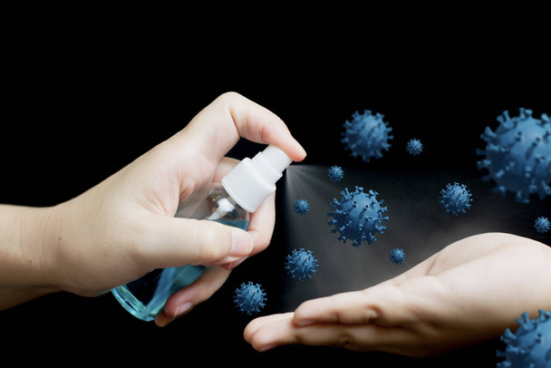 Woman spraying alcohol cleaning to protect coronavirus or virus covid 19,bacteria and dirty,with virus icon 3D render illustration,concept health care,outbreak and pandemic on respiratory system - Photo, Image