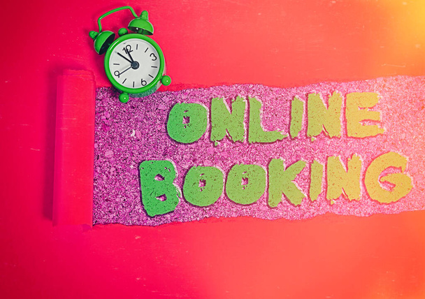 Text sign showing Online Booking. Conceptual photo Reservation through internet Hotel accommodation Plane ticket. - Photo, Image