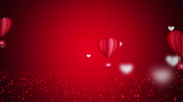 Naadloze lus Vliegende rode hartvorm Hot Air Ballonnen. Abstract looping achtergrond voor Liefde, passie en feest. Concept achtergrond voor Valentijnsdag, Moederdag, trouwdag. - Video
