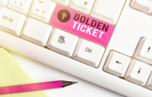 Handwriting text writing Golden Ticket. Concept meaning Rain Check Access VIP Passport Box Office Seat Event. - Photo, Image