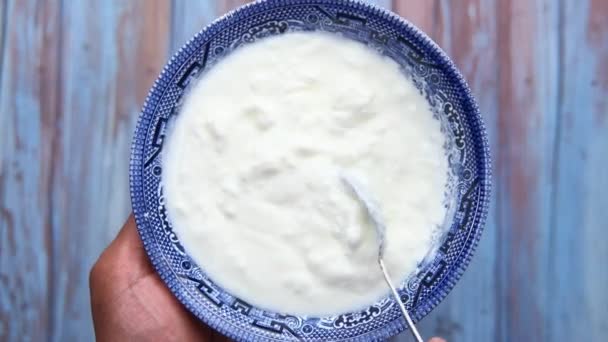 mano sosteniendo un tazón de yogur fresco en un tazón
 - Metraje, vídeo
