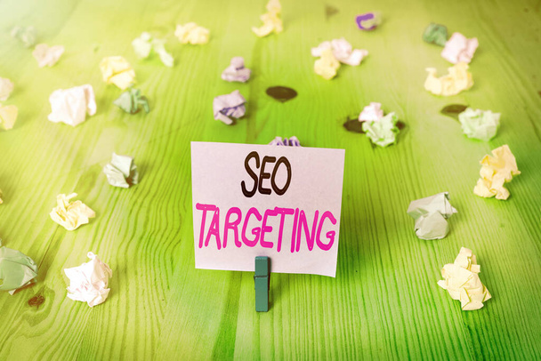 Text sign showing Seo Targeting. Conceptual photo Specific Keywords for Location Landing Page Top Domain. - Photo, Image
