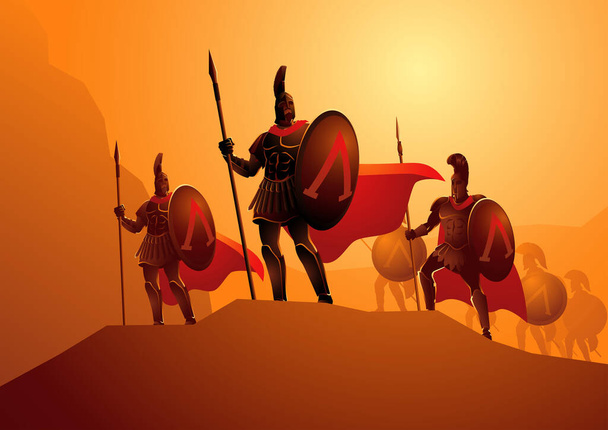 Vector illustration of the famous three hundred Spartans getting ready for the famous Battle of Thermopylae - Vector, Image