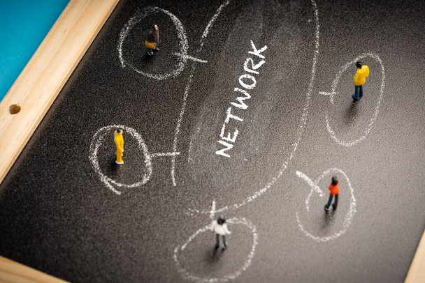 Concepto de negocio: Networking. Un grupo de miniaturas personas en una pizarra con palabras de "RED"
 - Foto, imagen