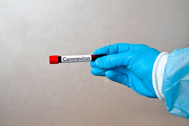 Hand in blue medical disposable rubber gloves holding test tube with red blood on gray background with the inscription coronavirus - Фото, изображение