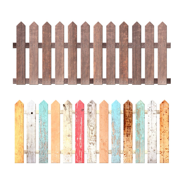 Set of rustic wooden fence. Garden fence with wood planks and with metal rivets. Old fence with vintage boards with cracked paint of red, orange and blue color. Isolated on white background. 3d render - 写真・画像