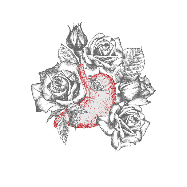 Estómago con rosas ramo Icono realista dibujado a mano de órgano interno humano y marco de flores. Grabado de arte. Estilo de boceto. Concepto de diseño para pósters médicos de rehabilitación post-viral, tatuajes Vector
 - Vector, imagen