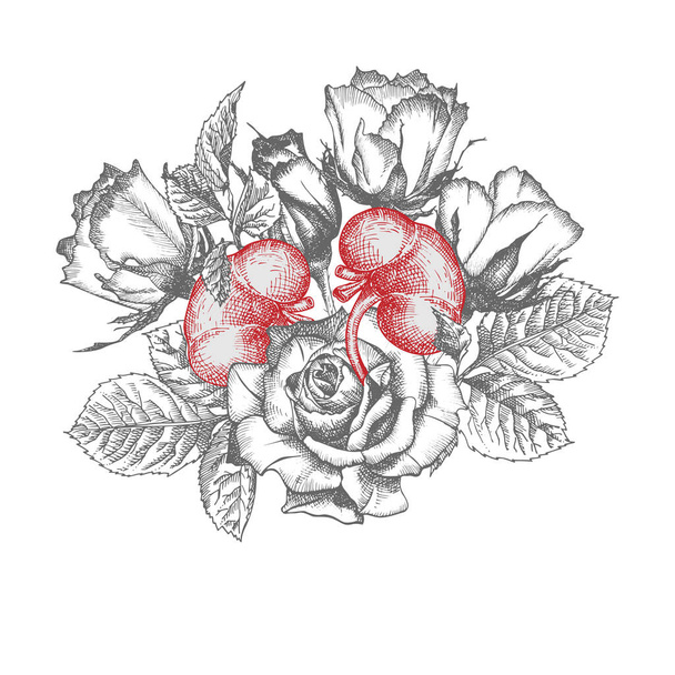 Rene con rose bouquet icona realistica disegnata a mano di organo interno umano e cornice floreale. Incisione d'arte. Stile schizzo. Concetto di design per manifesti medici post-virali di riabilitazione, tatuaggi Vector
 - Vettoriali, immagini