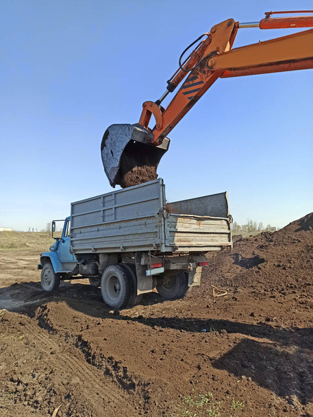 スクープでトラックボディに土壌をロード掘削機。近代的な積載装置。肥沃な土壌輸送。仕事中の掘削機。動く作品だ。野外活動。掘削機掘削土 - 写真・画像