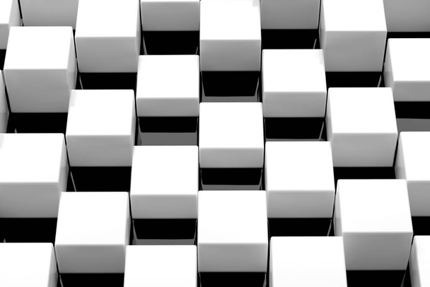 Chess abstraction of white cubes on a black glossy surface 3 d render - Photo, Image