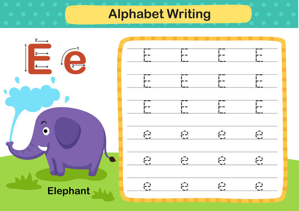 Alphabet Letter E-Elefant Übung mit Cartoon-Vokabular Illustration, Vektor - Vektor, Bild