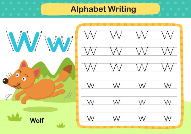 Alfabeto Carta W-Wolf exercício com desenho animado vocabulário ilustração, vetor
 - Vetor, Imagem