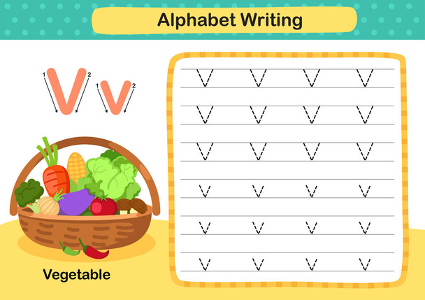 Carta alfabética V-Vegetal exercício com ilustração vocabulário desenho animado, vetor - Vetor, Imagem