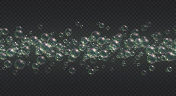 Een streep zeepbellen. Abstract zwevende shampoo, bad schuimlijn samenstelling. Realistische elementen. - Vector, afbeelding