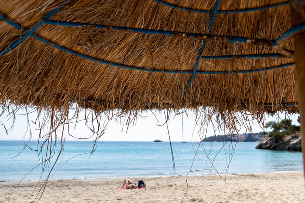 strand parasols op Palmanova strand in Calvia Bol ses Taules Mallorca, spanje - Foto, afbeelding