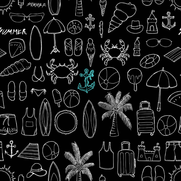 Summer doodle background seamless pattern. Drawing illustration hand drawn vector on chalkboard - Vettoriali, immagini