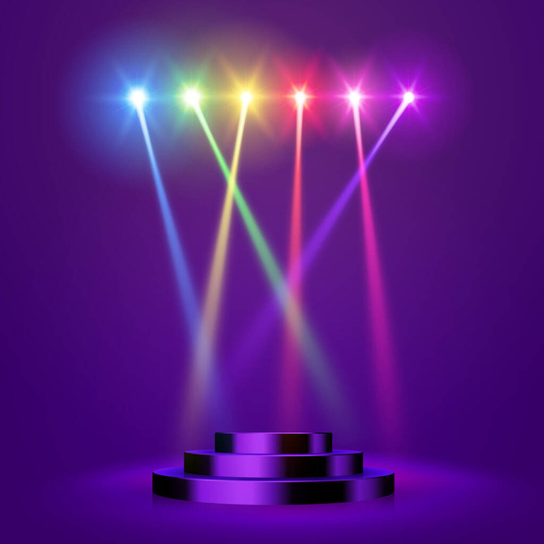 Empty round pedestal or platform illuminated by spotlights. Stage with scenic lights. Realistic 3D podium on show background. Vector illustration. - Vector, Image