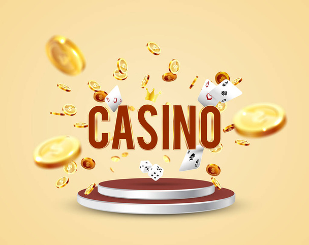 The word Casino, surrounded by a luminous frame and attributes of gambling, on the podium, on a explosion coins background. The new, best design of the luck banner, for gambling, casino - Вектор, зображення