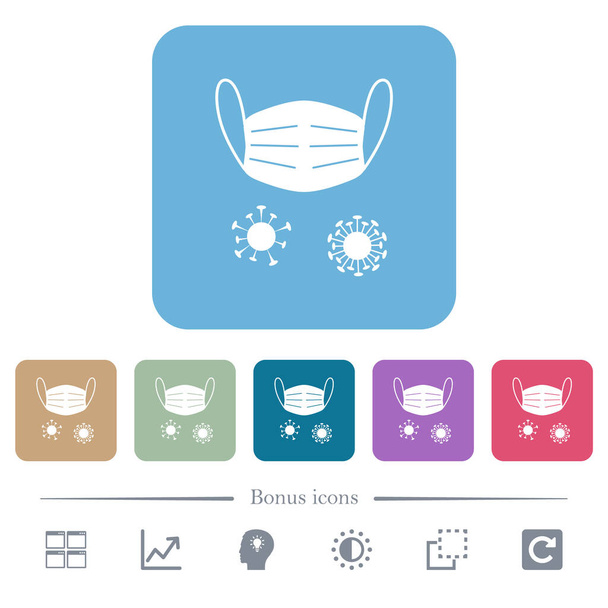 Masque médical et corona virus blancs icônes plates sur fond carré arrondi de couleur. 6 icônes bonus incluses - Vecteur, image
