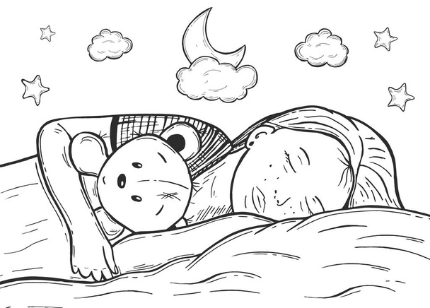 Holčička spí a objímá medvídka. Vektorová grafika. Ruční kresba.eps - Vektor, obrázek