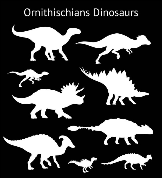 Silhouettes of ornithischian dinosaurs. Set. Side view. Monochrome vector illustration of white stencils of dinosaurs isolated on black background. Ornithischia. Proportional dimensions. - Vetor, Imagem