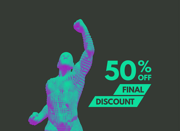 Final discount. 50% off. Sale and special offer. Concept for promotion and advertising. Vector illustration for design or print. Man celebrating success. - Вектор,изображение