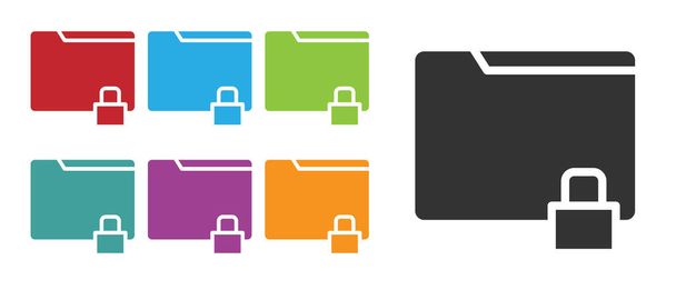 Czarny Folder i ikona blokady izolowane na białym tle. Zamknięty folder i kłódka. Ochrona, bezpieczeństwo, koncepcja ochrony. Zestaw ikon kolorowe. Ilustracja wektora - Wektor, obraz