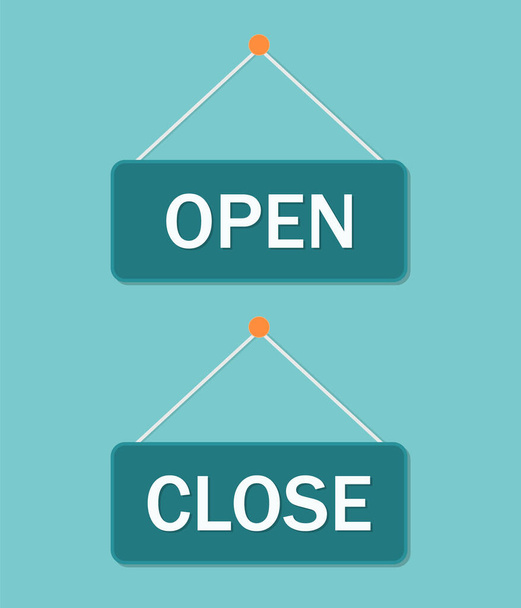 Close and open sign. Retro banner on door for welcome in shop or office. Hanging board with notice of open or closed on storefront. Signboard for business in store, cafe. Label for service. Vector. - Vector, Image