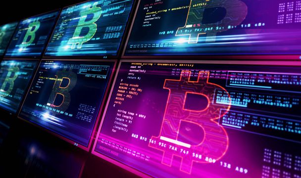Bitcoin-Mining auf dem Computerbildschirm. Digitale Kryptowährung, Cyber-Geld und digitales Bankkonzept 3D-Illustration mit Glitch-Effekt. - Foto, Bild