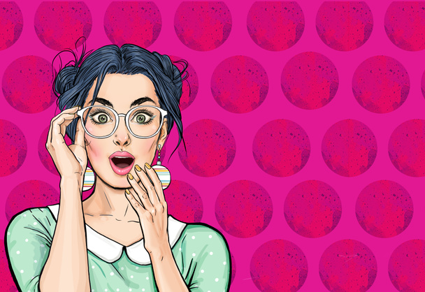 Überraschte Frau mit Brille. Werbeplakat oder Party-Einladung mit sexy Klubmädchen mit offenem Mund im Comic-Stil. Ausdrucksstarke Mimik - Foto, Bild
