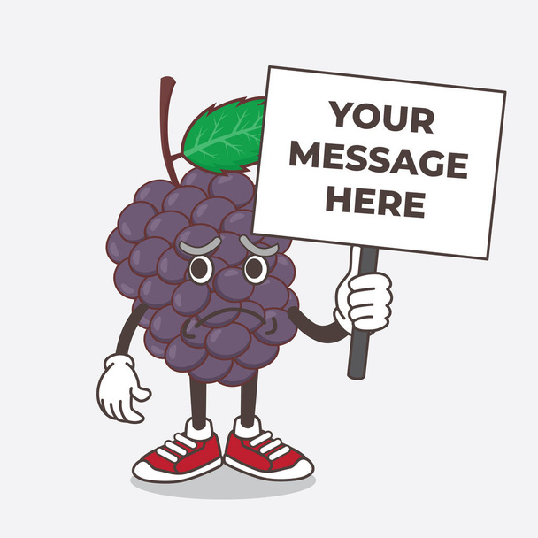 An illustration of Mulberry Fruit cartoon mascot character with cheerless face and holding a message board - Vector, Image