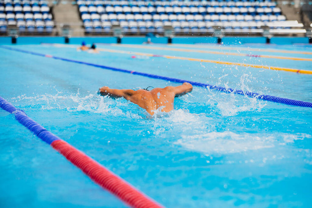 Athletic man swimming in butterfly style in the swimming pool with clear blue water. - Foto, Imagen
