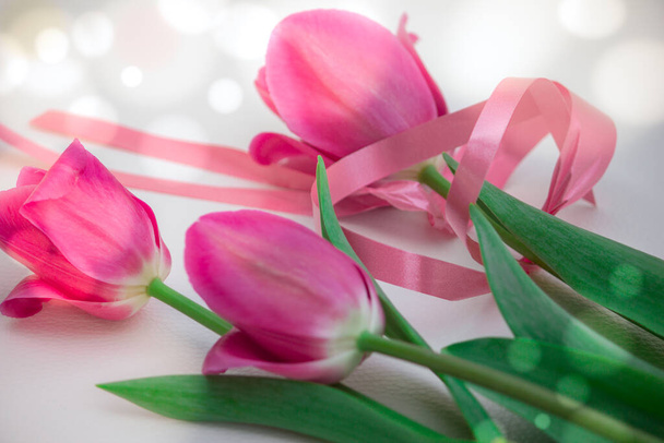 A bouquet of pink tulips for the holiday bandaged with a pink ribbon. - Foto, Bild