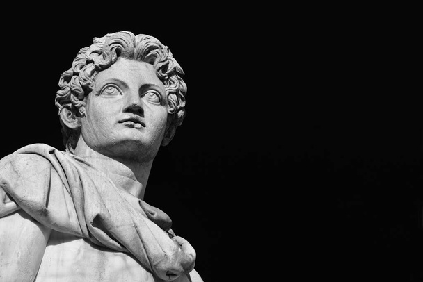 Statue en marbre antique de caractère mythique Castor ou Pollux, datant du 1er siècle avant JC, situé au sommet de la balustrade monumentale dans la colline du Capitole à Rome (noir et blanc avec espace de copie
) - Photo, image