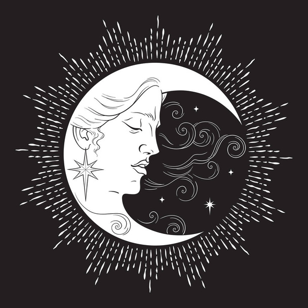 Luna mezzaluna e stelle in stile antico disegnato a mano linea arte boho chic tatuaggio, poster, velo d'altare, arazzo o tessuto stampa disegno vettoriale illustrazione
 - Vettoriali, immagini