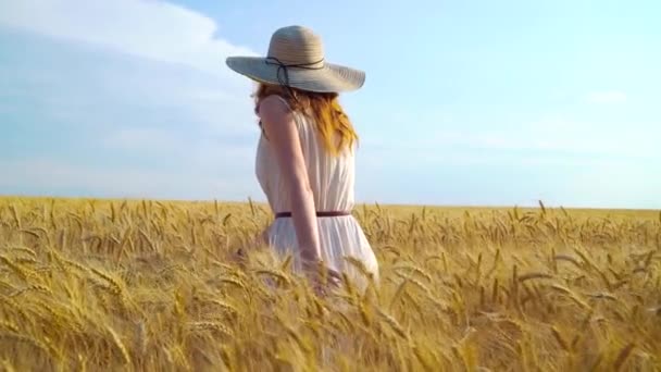 Girl in white dress and big hat walking on wheat field - Filmati, video