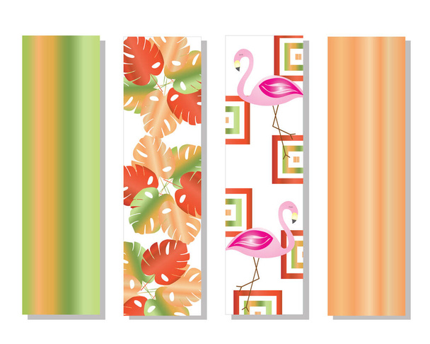 juego de vectores de cuatro marcadores con flamencos y hojas - colores verde y naranja
 - Vector, Imagen