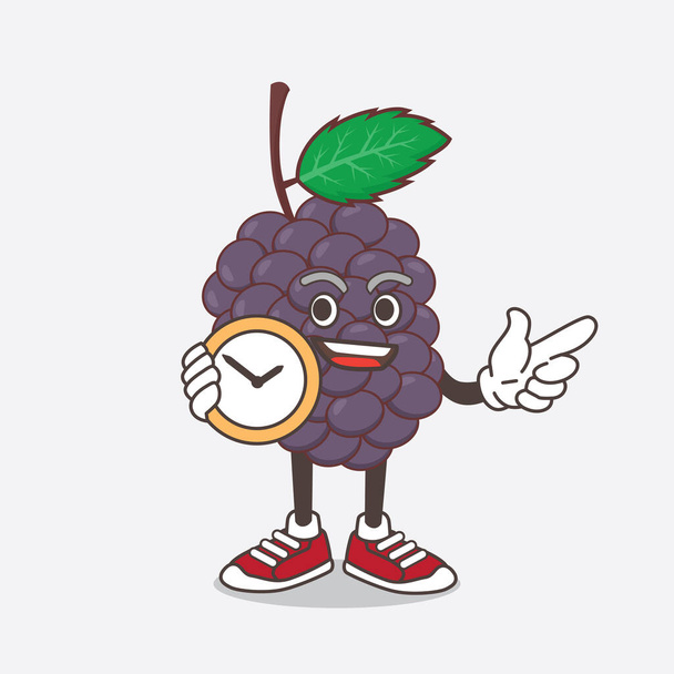 An illustration of Mulberry Fruit cartoon mascot character holding a clock - Vector, Image