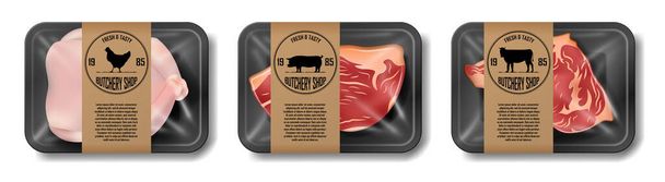 Envasado de carne de res, cerdo y pollo. Conjunto de paquete de carne de supermercado aislado en blanco. Carne de res y carne de cerdo. ilustración vectorial
 - Vector, imagen
