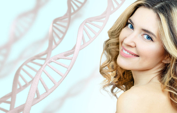 Aistillisen naisen muotokuva valkoisten DNA-ketjujen joukossa. - Valokuva, kuva