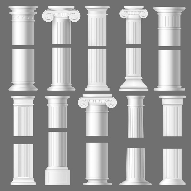 Columna pilar realistas maquetas de la arquitectura antigua romana y griega. 3d vector de piedra de mármol blanco columnas dóricas y jónicas con ejes estriados verticales, bases y capiteles ornamentados con volutes
 - Vector, imagen
