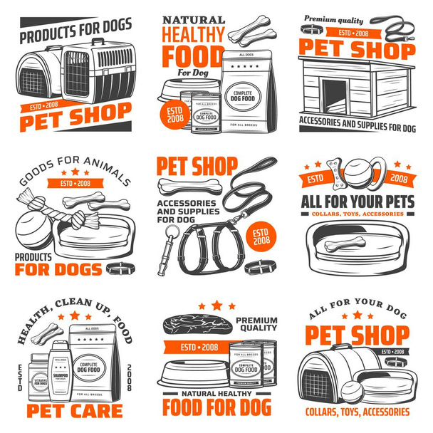 Pet shop cão cuidados fornecer ícones isolados com vetor de comida animal e acessórios de higiene. Brinquedos de cachorro, cama e tigela de alimentação, colarinho, coleira e arnês, canil, portador e assobio, xampu e vitaminas
 - Vetor, Imagem